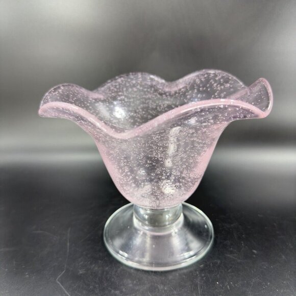 Art Glass Clear Footed Bowl Compote Pink Top With Small Bubbles Glass Decor - Picture 10 of 12